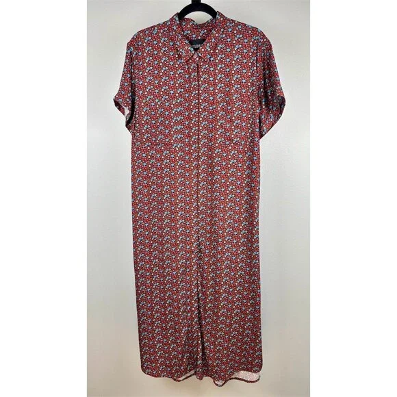 Wildfang Shirt Dress Red Blue Floral Midi-Maxi Button Front - Picture 2 of 6